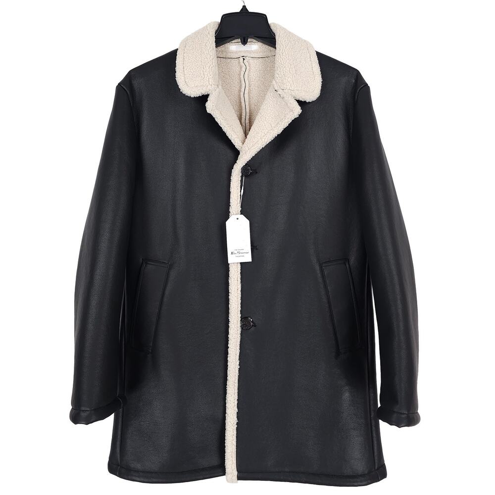 Ben Sherman Mens Classic Fit Overcoat 38R Black White Faux Leather Shearling NWT